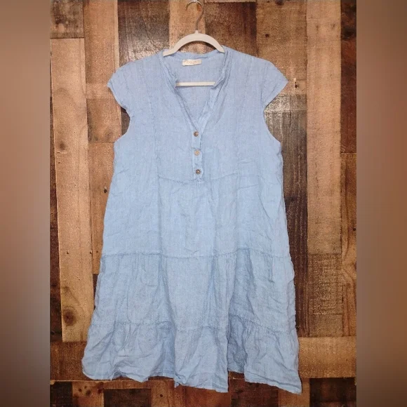 Bellambia 100% Linen Mini Dress Tiered Ruffle Dress Size Small - Picture 3 of 8